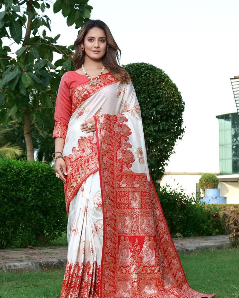 Red And White Banarasi Weaving Cluster Soft Silk Saree