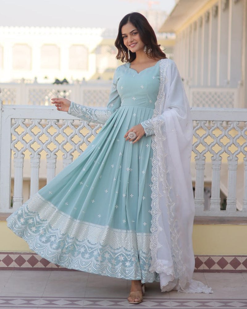 Exclusive Pista Color Georgette Gown With Dupatta
