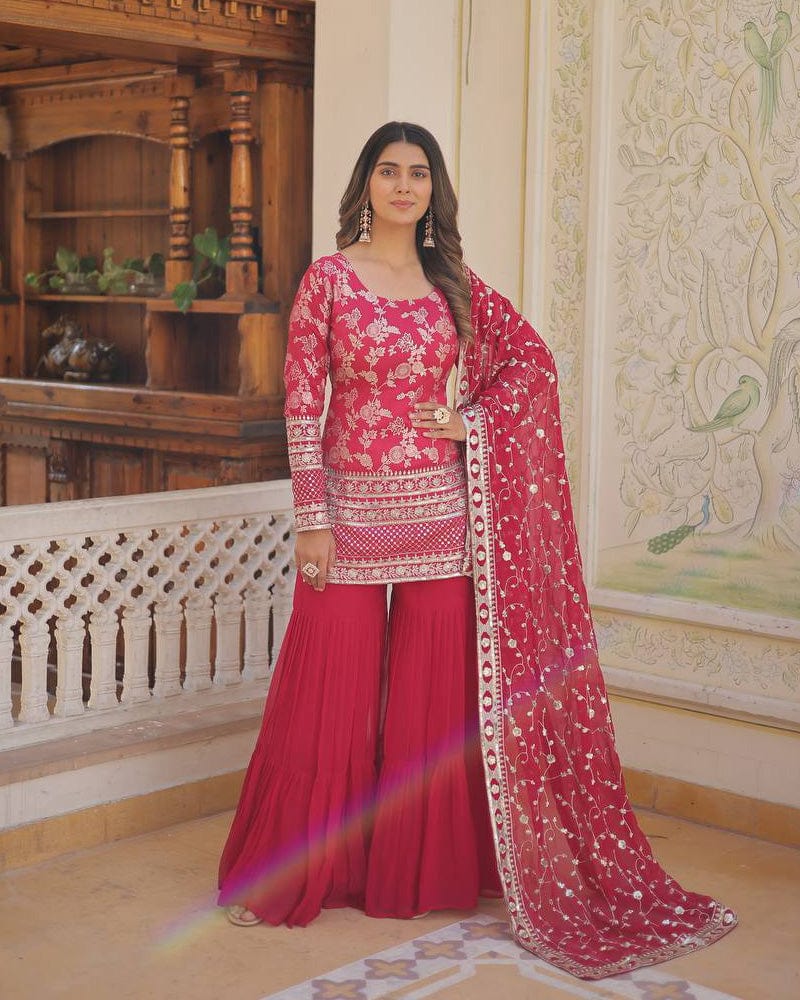 Rani-Pink Color Three Piece Gharara Suit