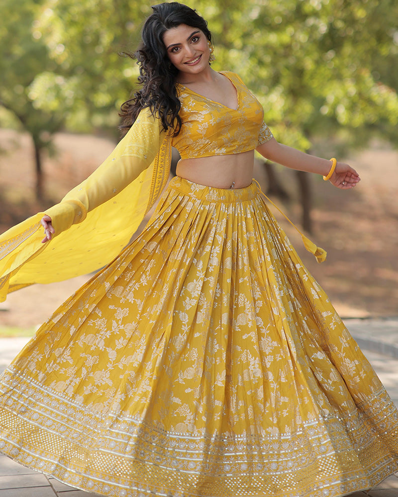 Yellow Color Pure Viscose Jacquard Lehenga Choli