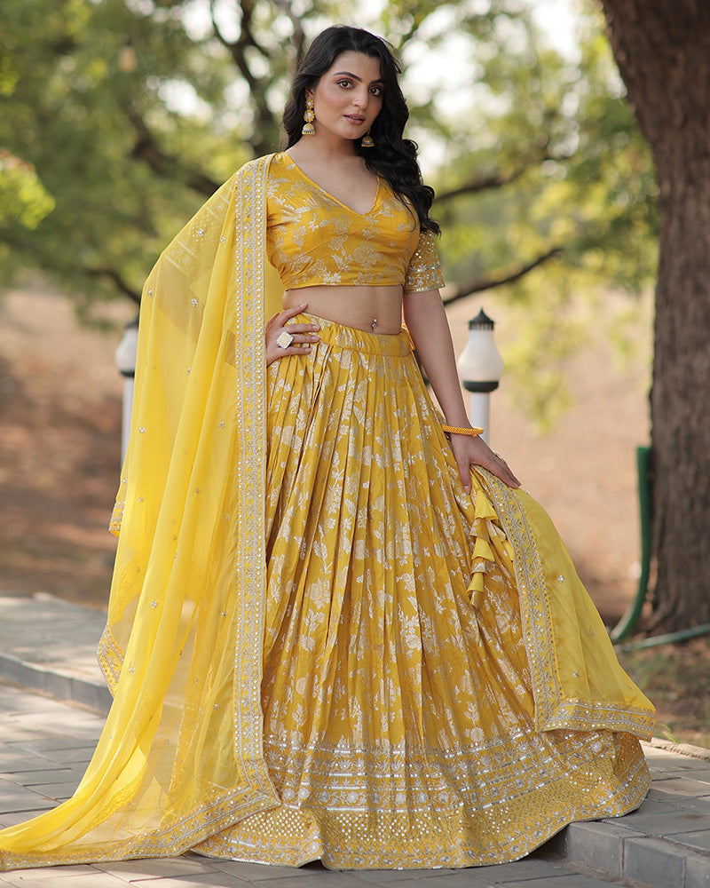 Yellow Color Pure Viscose Jacquard Lehenga Choli