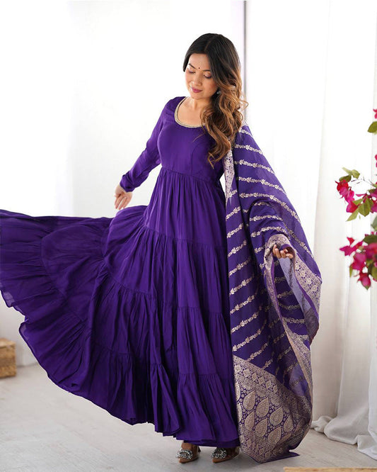 Purple Color Pure Roman Silk Ruffle Style Anarkali Suit