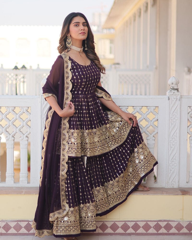 Designer Dark Wine Color Three Piece Gharara Suit