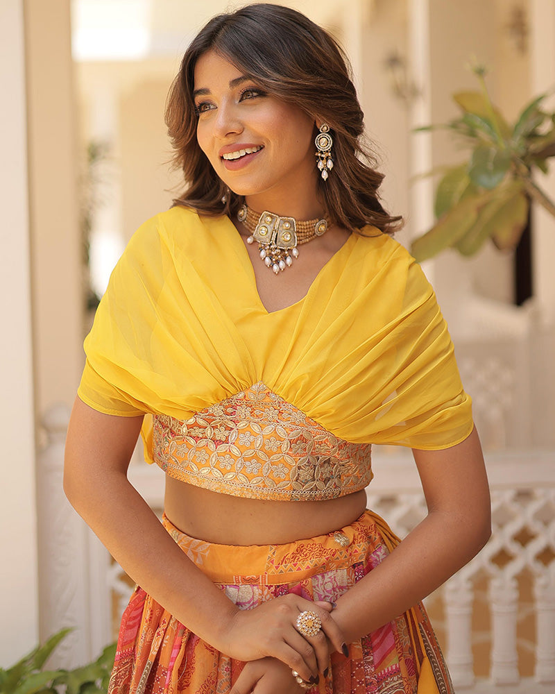 Yellow Color Designer Russian Silk Embroidery Crop Top Lehenga Choli