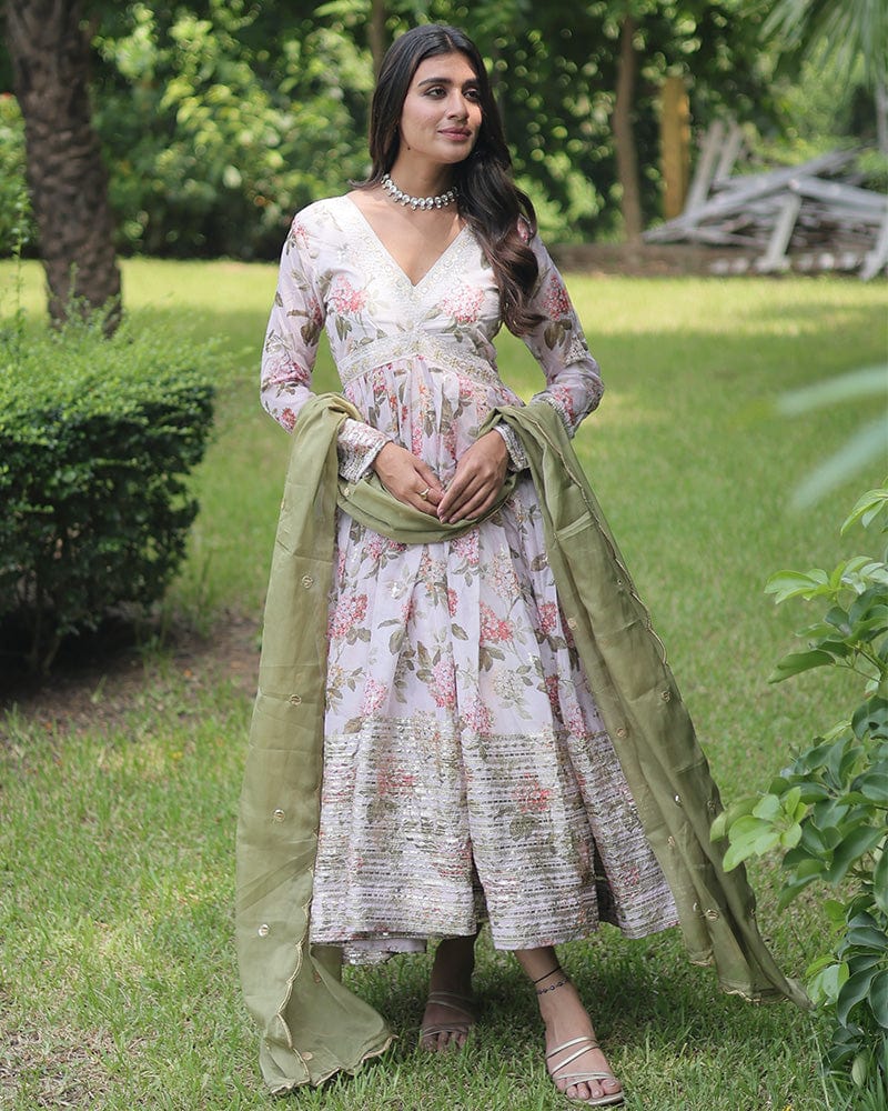 Wedding Wear Floral Embroidered Off White Color Alia Cut Gown With Dupatta