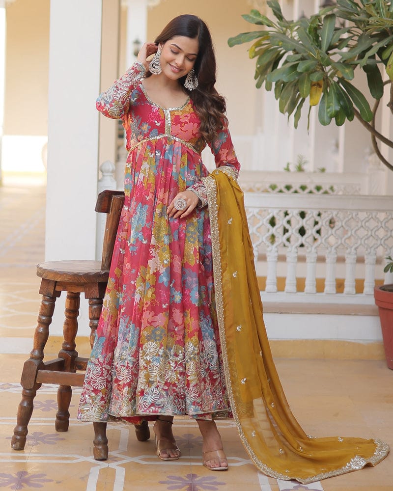 Wedding Wear Floral Embroidered Red Color Alia Cut Gown With Dupatta