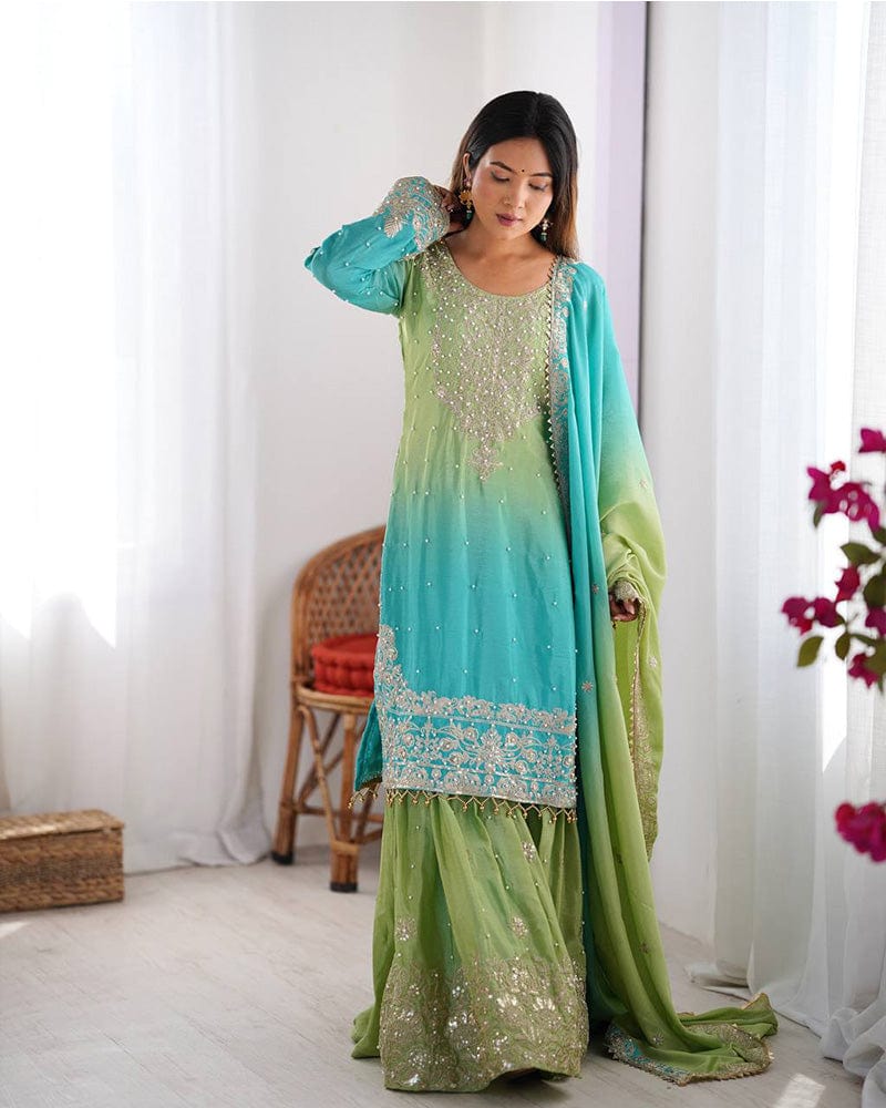 Pista Green Color Chinnon Sequence Work Plazzo Suit