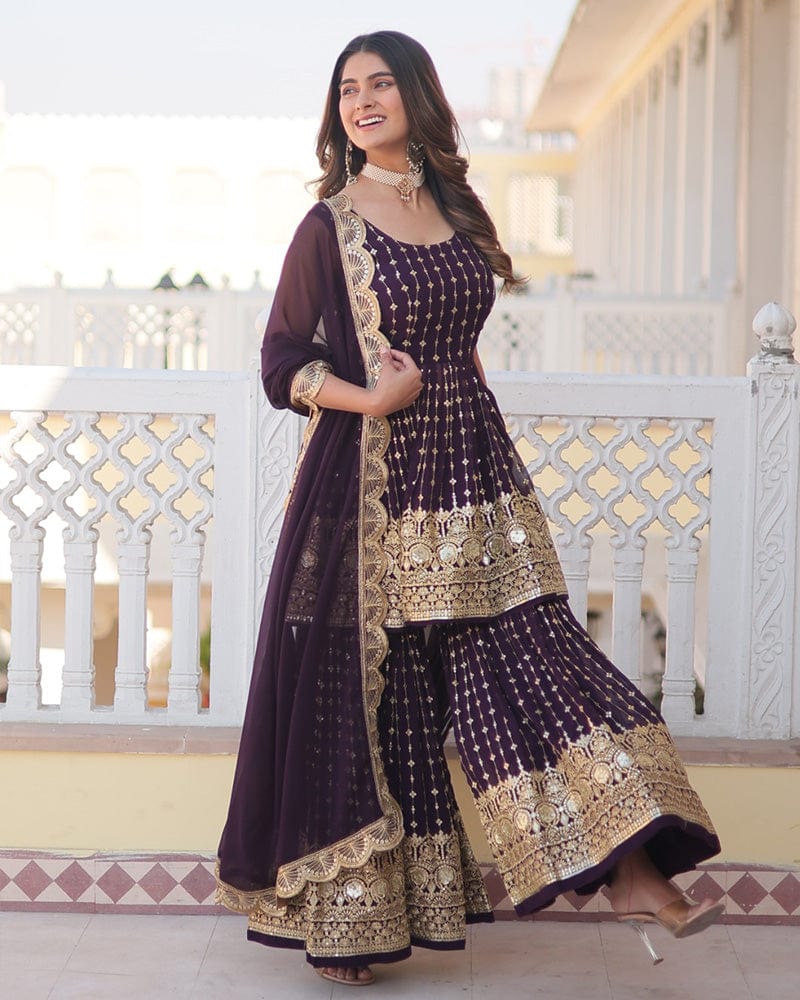Designer Dark Wine Color Three Piece Gharara Suit