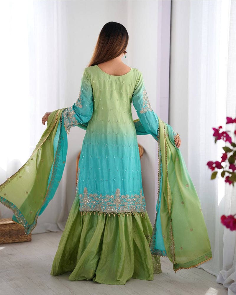 Pista Green Color Chinnon Sequence Work Plazzo Suit