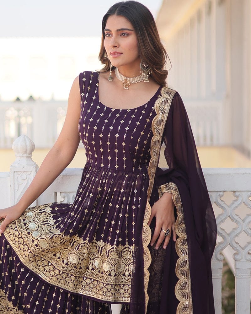 Designer Dark Wine Color Three Piece Gharara Suit