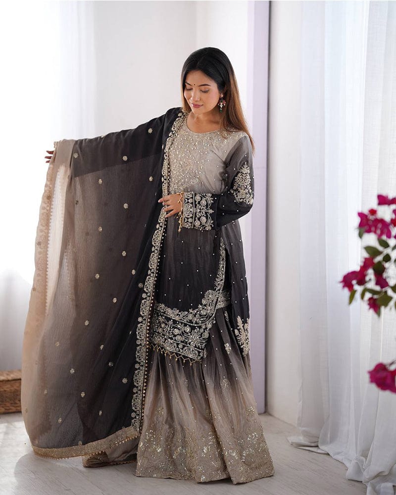 Dusty Black Color Chinnon Sequence Work Plazzo Suit
