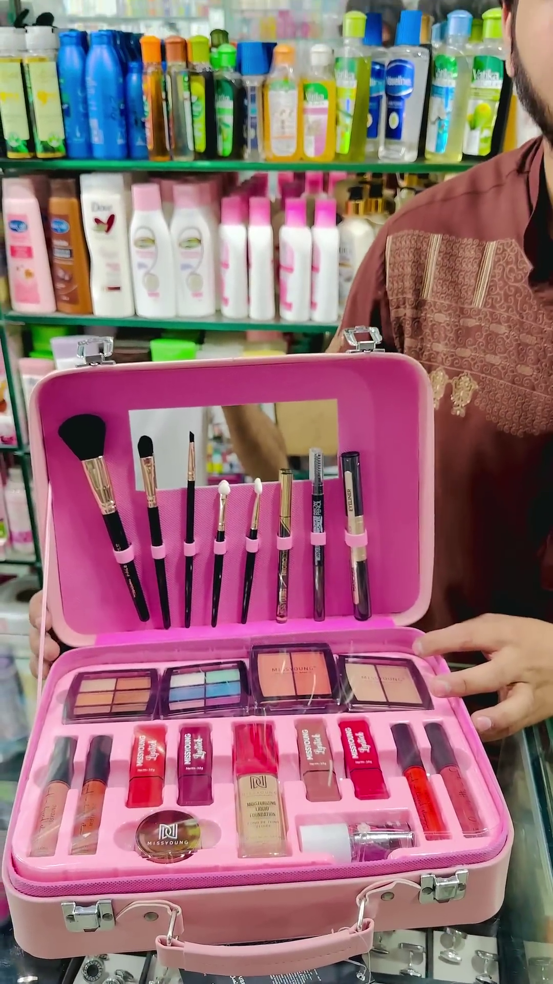 Premium Portable Makeup Box with Mirror – 22-Piece Beauty Kit Featuring Brushes, Lipsticks, Foundations, Eyeshadows, Liners & More – Compact Pink Carrying Case for Girls & Women by Miss Young