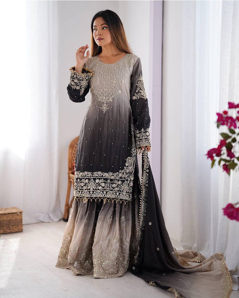 Dusty Black Color Chinnon Sequence Work Plazzo Suit