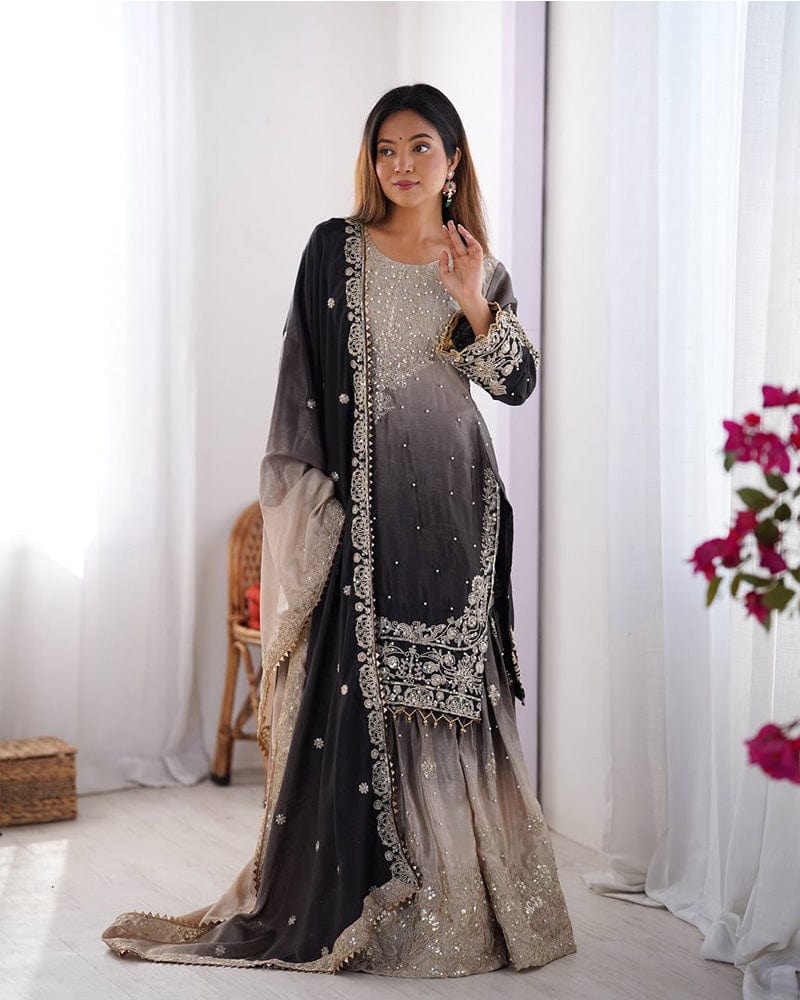 Dusty Black Color Chinnon Sequence Work Plazzo Suit