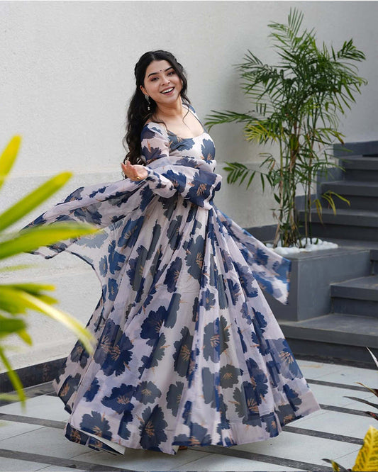 Blue Color Flower Print Tabby Organza Anarkali Suit