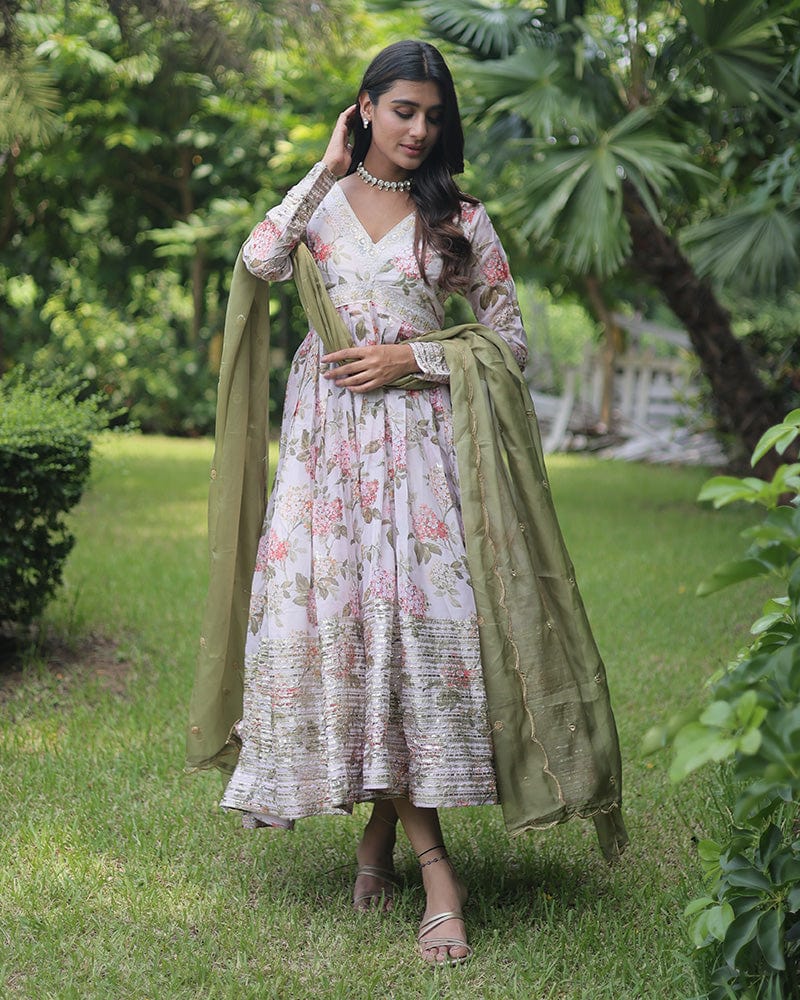 Wedding Wear Floral Embroidered Off White Color Alia Cut Gown With Dupatta