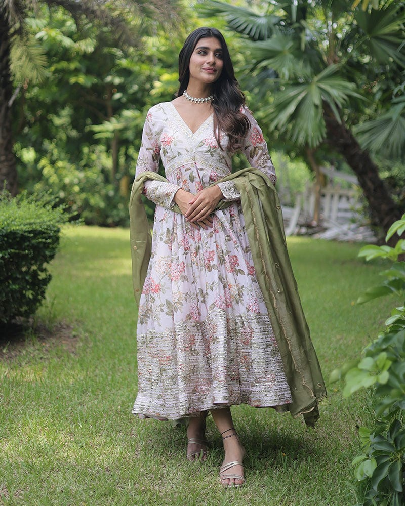 Wedding Wear Floral Embroidered Off White Color Alia Cut Gown With Dupatta