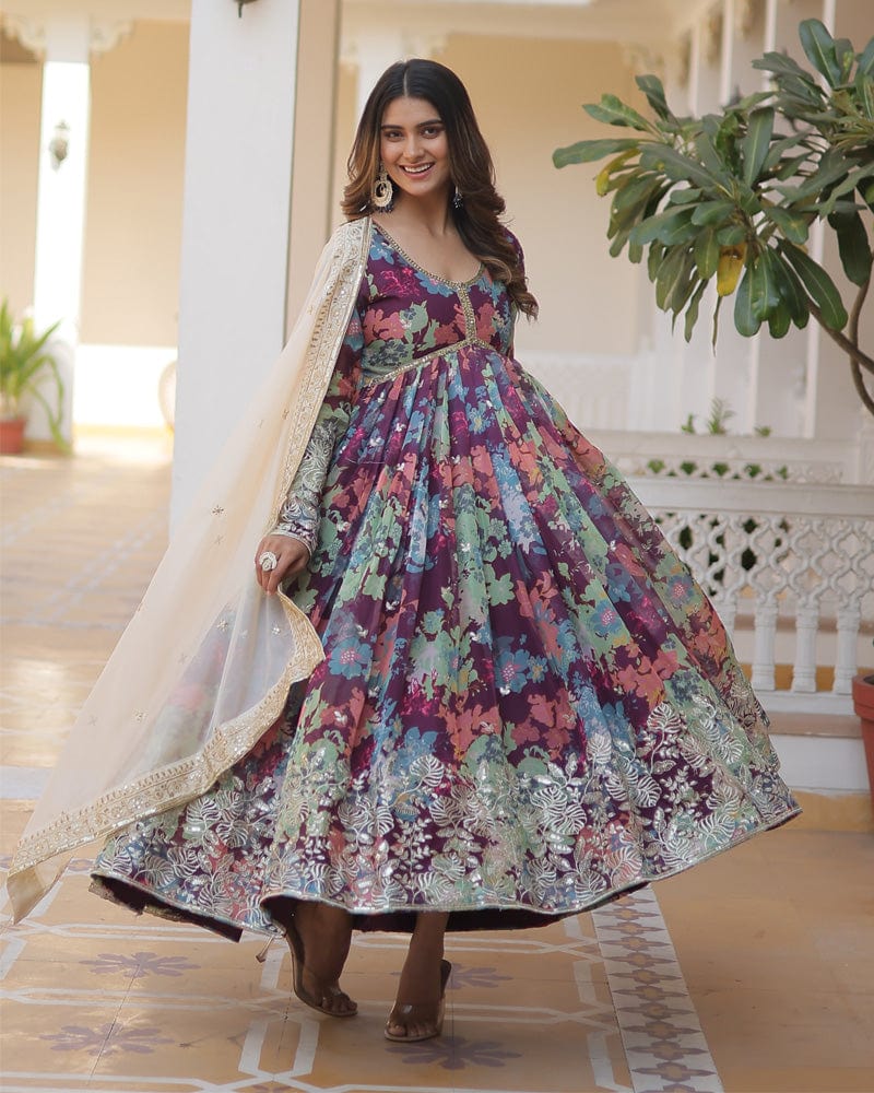Wedding Wear Floral Embroidered Wine Color Alia Cut Gown With Dupatta