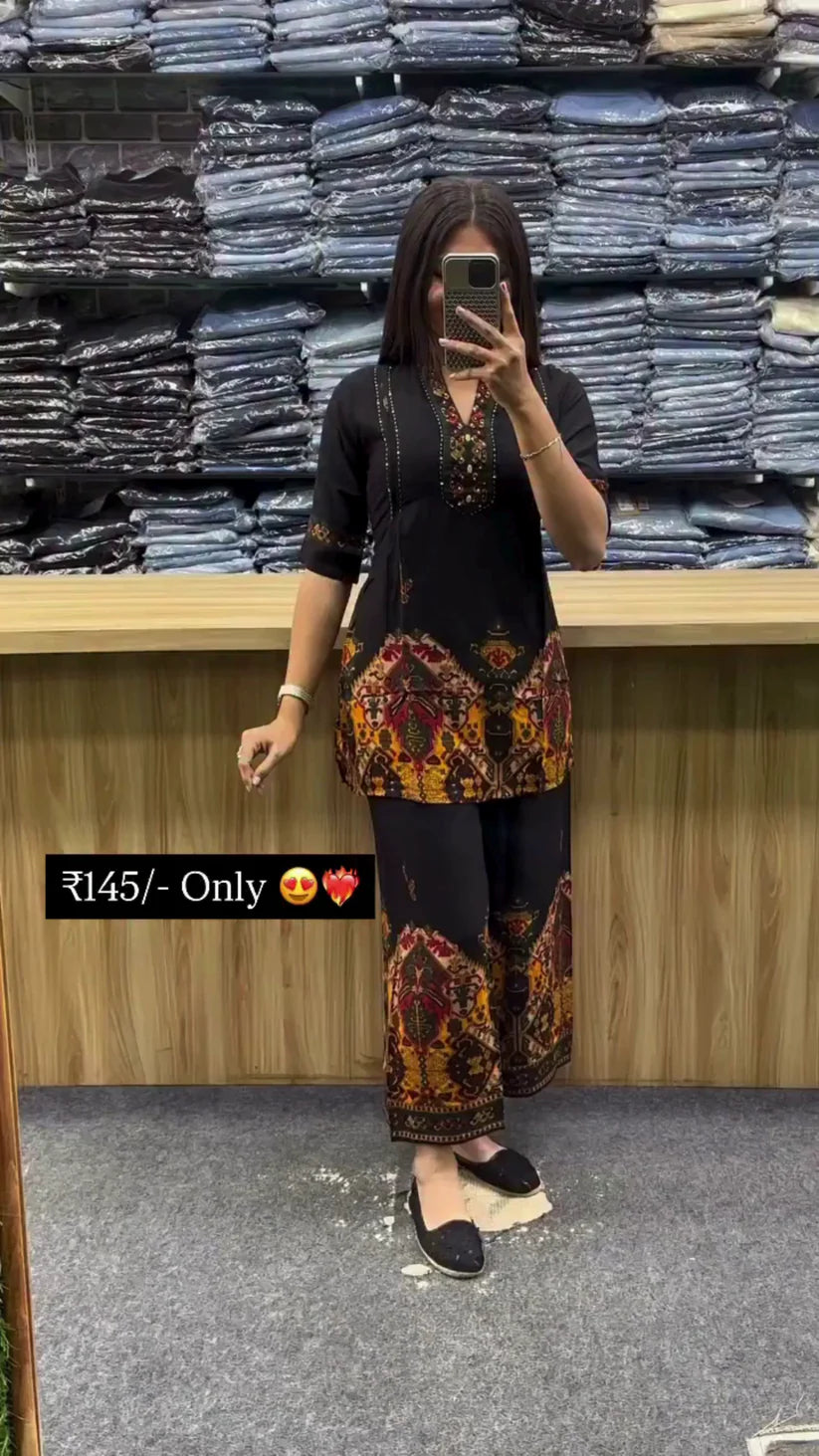Women’s Black Printed Kurti with Matching Palazzo Pants – Casual Daily Wear Comfortable Ethnic Co-ord Set