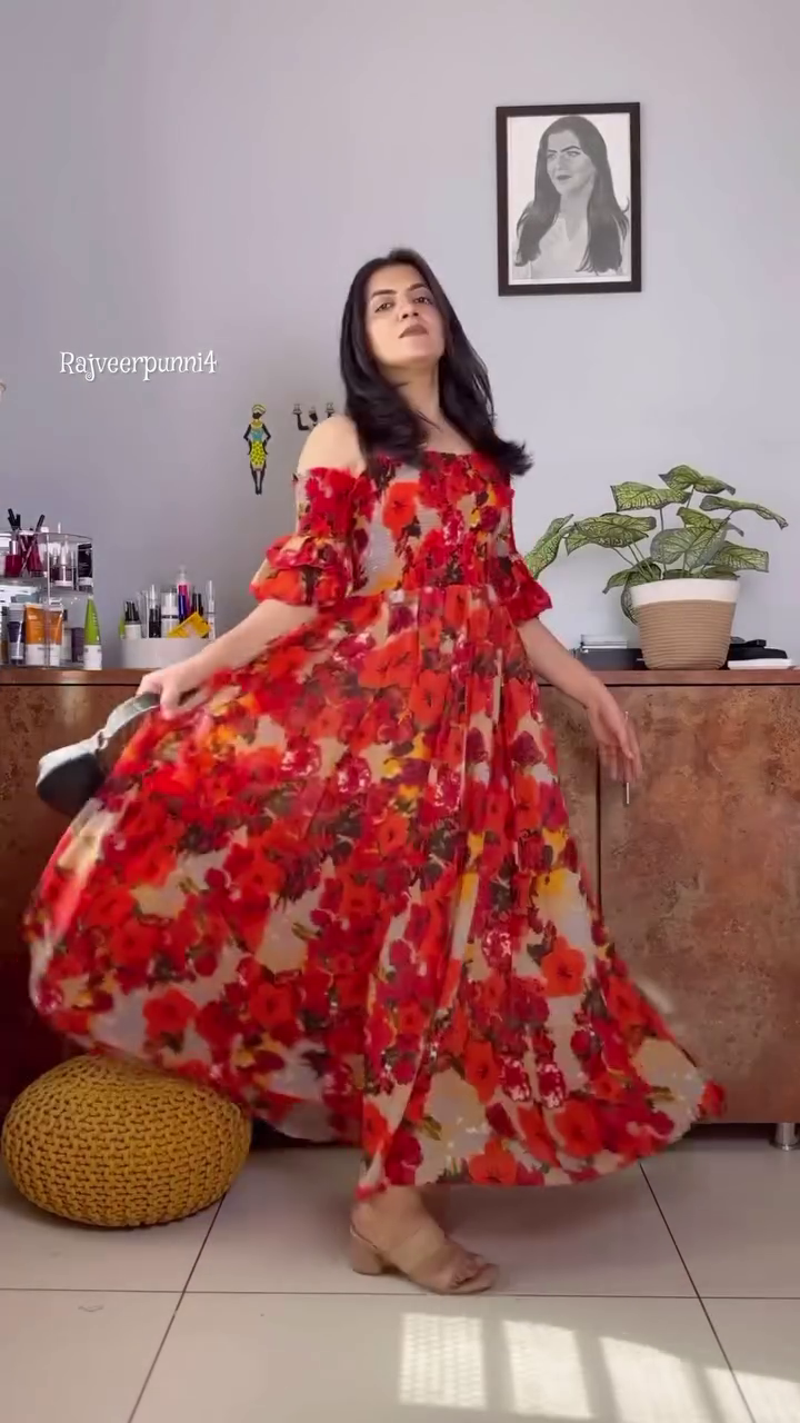 Floral Printed Georgette Maxi Dresses – Green Layered Spaghetti Strap Dress and Red Off-Shoulder Ruffle Sleeve Dress for Summer and Casual Outings