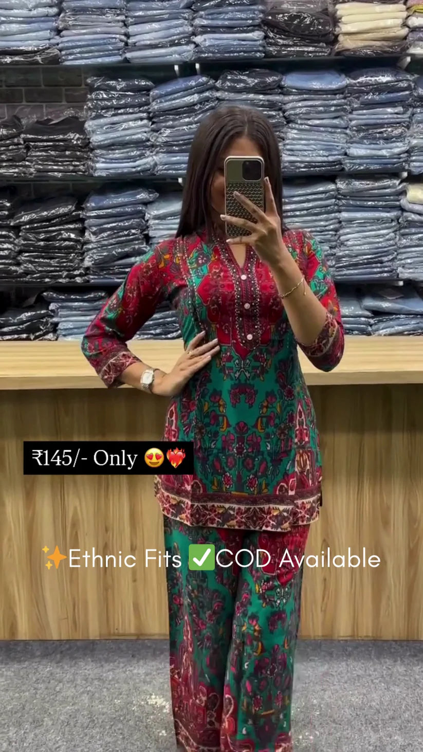 Women’s Black Printed Kurti with Matching Palazzo Pants – Casual Daily Wear Comfortable Ethnic Co-ord Set
