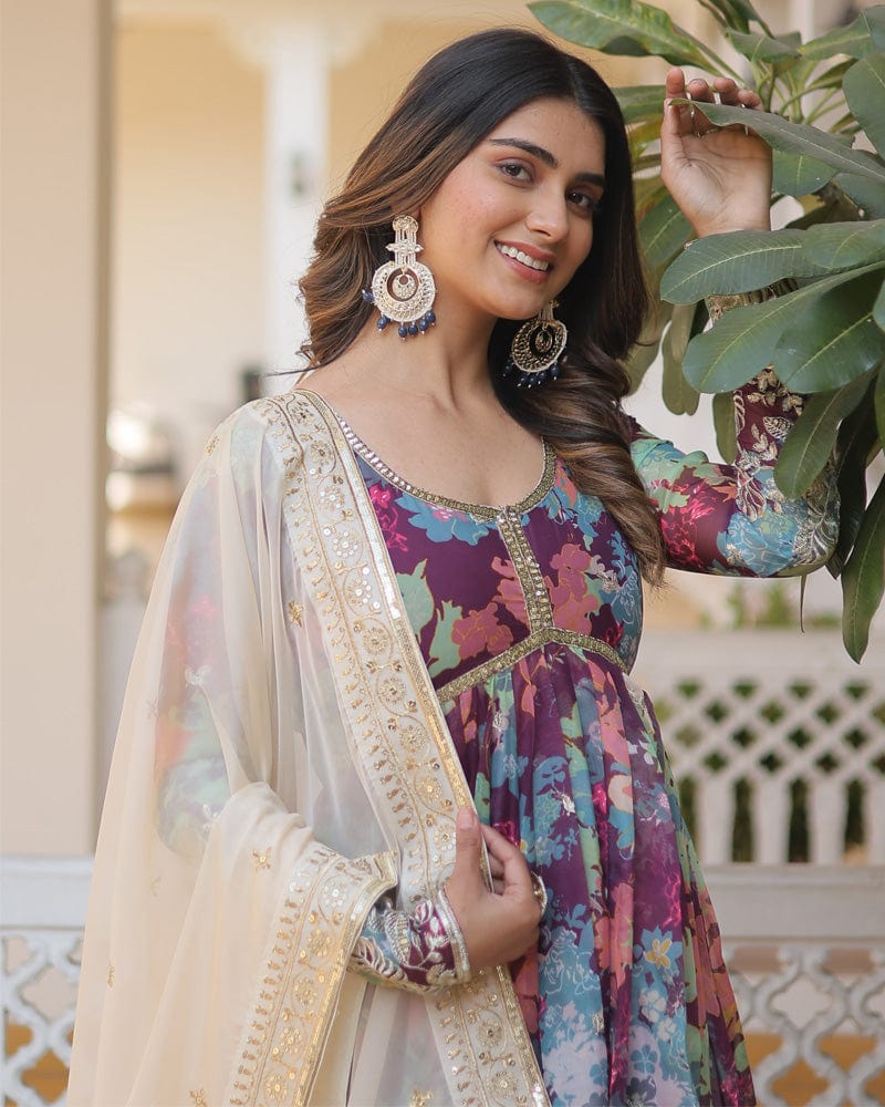 Wedding Wear Floral Embroidered Wine Color Alia Cut Gown With Dupatta
