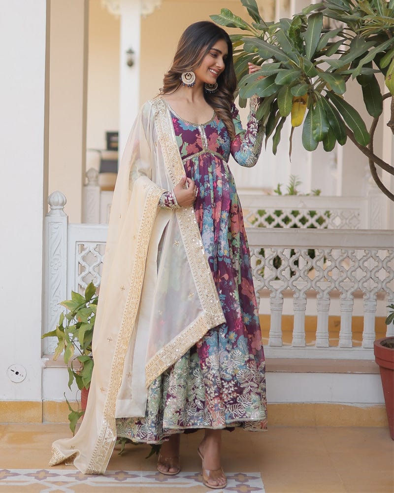 Wedding Wear Floral Embroidered Wine Color Alia Cut Gown With Dupatta