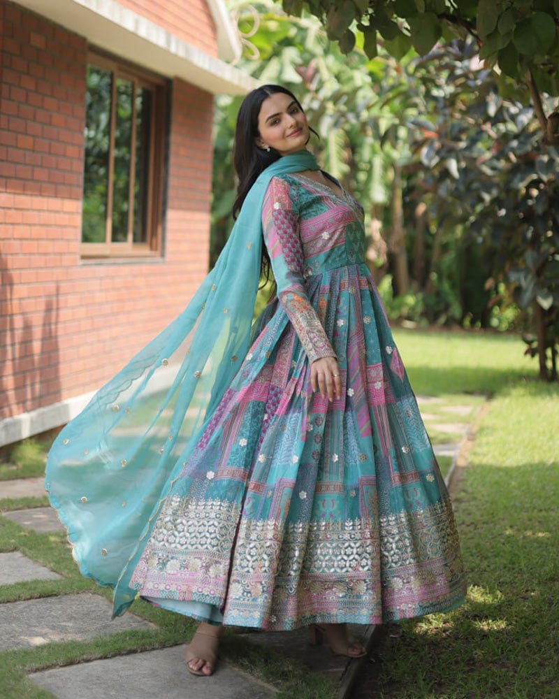 Wedding Wear Embroidery Sky Blue Color Gown With Dupatta