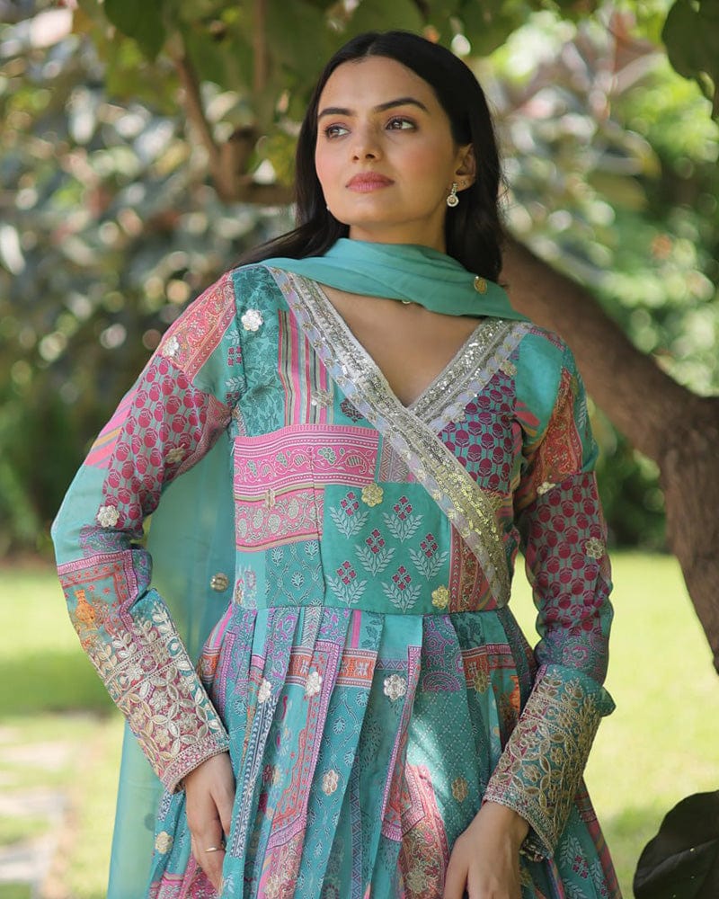 Wedding Wear Embroidery Sky Blue Color Gown With Dupatta