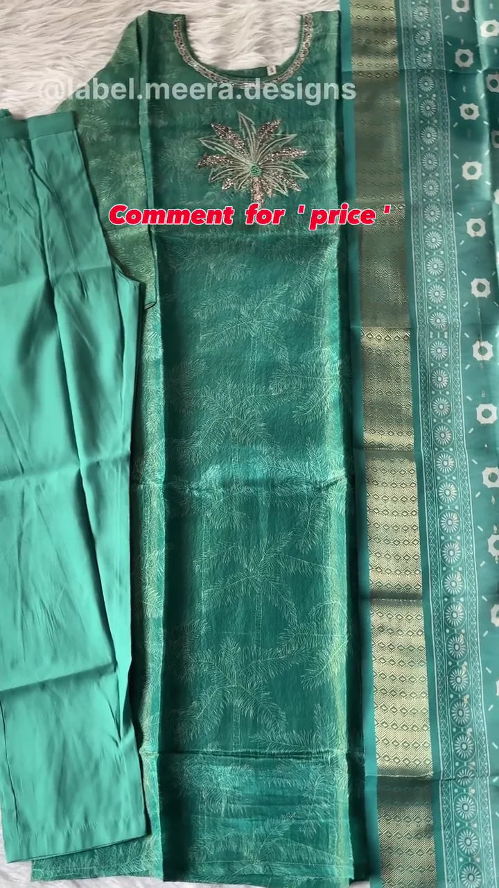 Women’s Teal Green Banarasi Silk Suit Set with Embroidered Kurta, Matching Pants & Dupatta