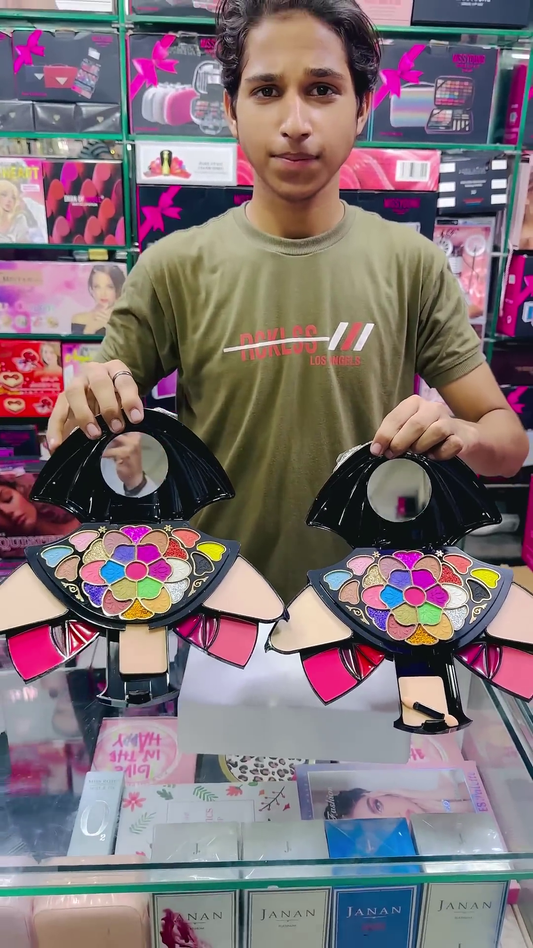 Elegant Flower-Themed Foldable Makeup Kit with Built-in Mirror – Multi-Layered Cosmetic Palette Featuring Eyeshadows, Blushes, Highlighters & More