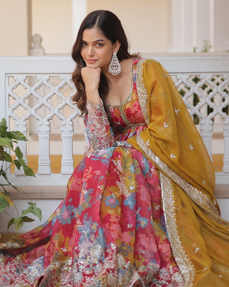 Wedding Wear Floral Embroidered Red Color Alia Cut Gown With Dupatta