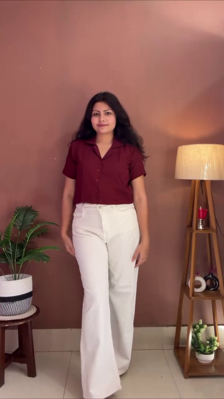 Stylish Casual Shirt Combo Featuring Red Embroidered Palm Tree Design Cropped Button-Down with Half Sleeves and Maroon Solid Collared Short-Sleeve Shirt