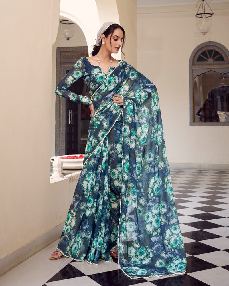 Navy Blue Color Weightless Marble Printed Saree