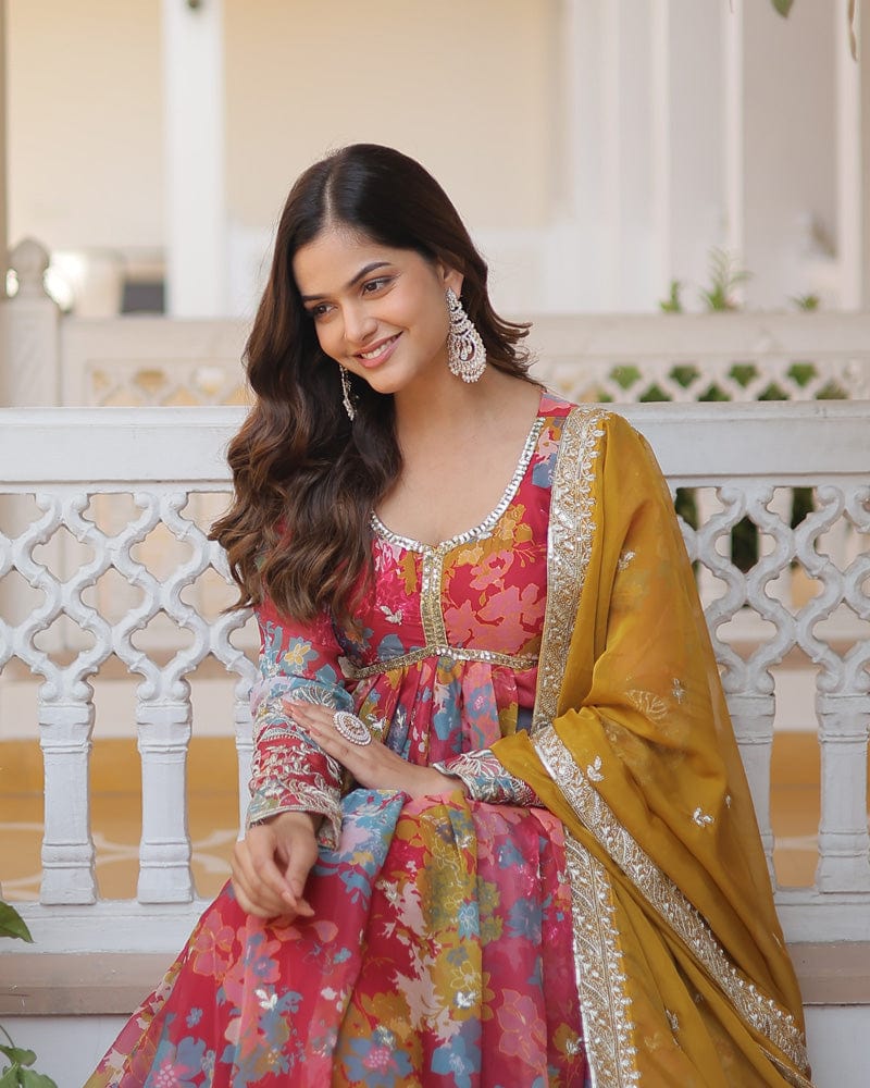 Wedding Wear Floral Embroidered Red Color Alia Cut Gown With Dupatta