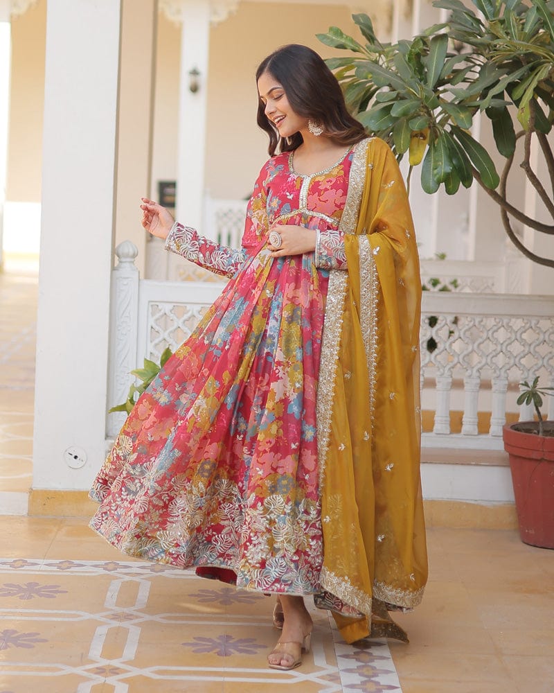 Wedding Wear Floral Embroidered Red Color Alia Cut Gown With Dupatta