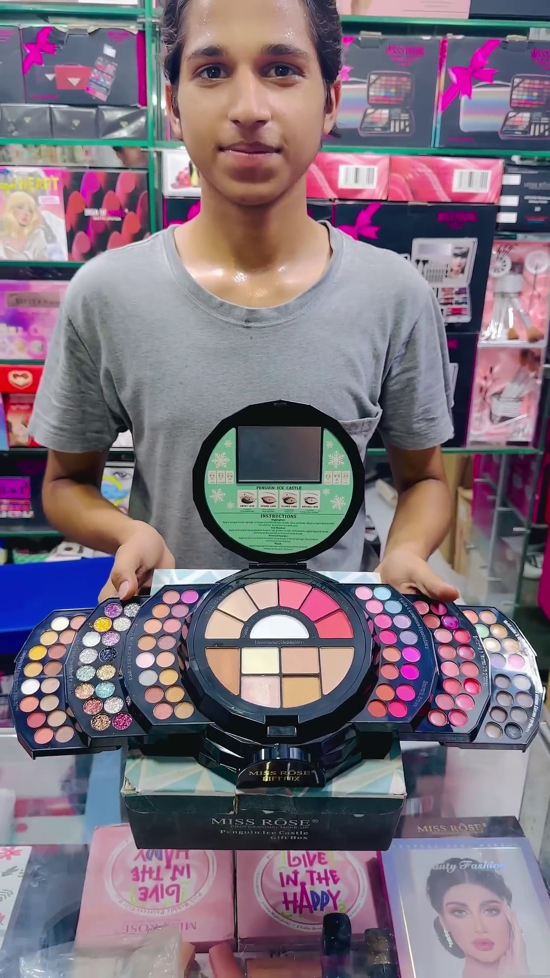Miss Rose Multi-Layered Rotating Makeup Kit – All-in-One Round Cosmetic Palette with 100+ Eyeshadow Shades, Blushes, Contours, Highlighters & Mirror