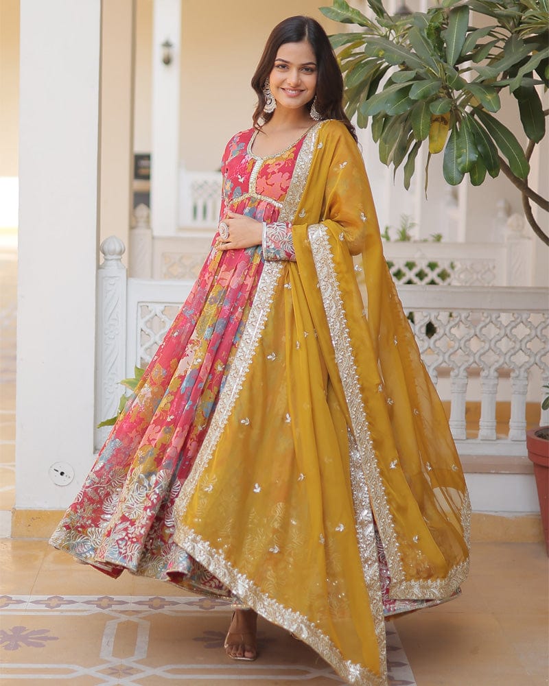 Wedding Wear Floral Embroidered Red Color Alia Cut Gown With Dupatta