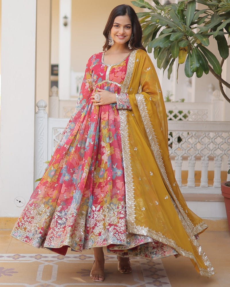 Wedding Wear Floral Embroidered Red Color Alia Cut Gown With Dupatta