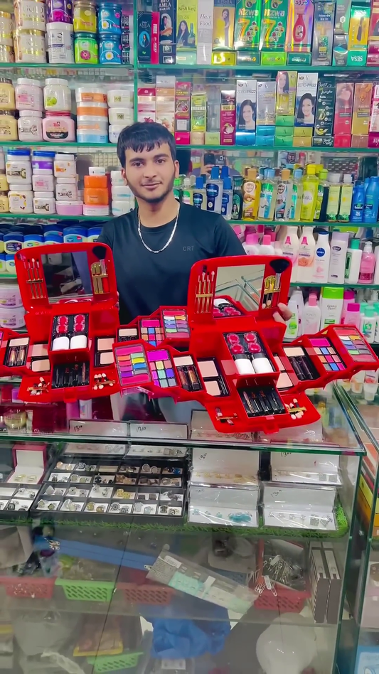 Dual Red Makeup Kit Set - Complete Collection with Eyeshadows, Lipsticks, Blushes, Highlighters, Nail Polishes, and Brushes for All Your Beauty Needs, Perfect for Travel and Daily Use