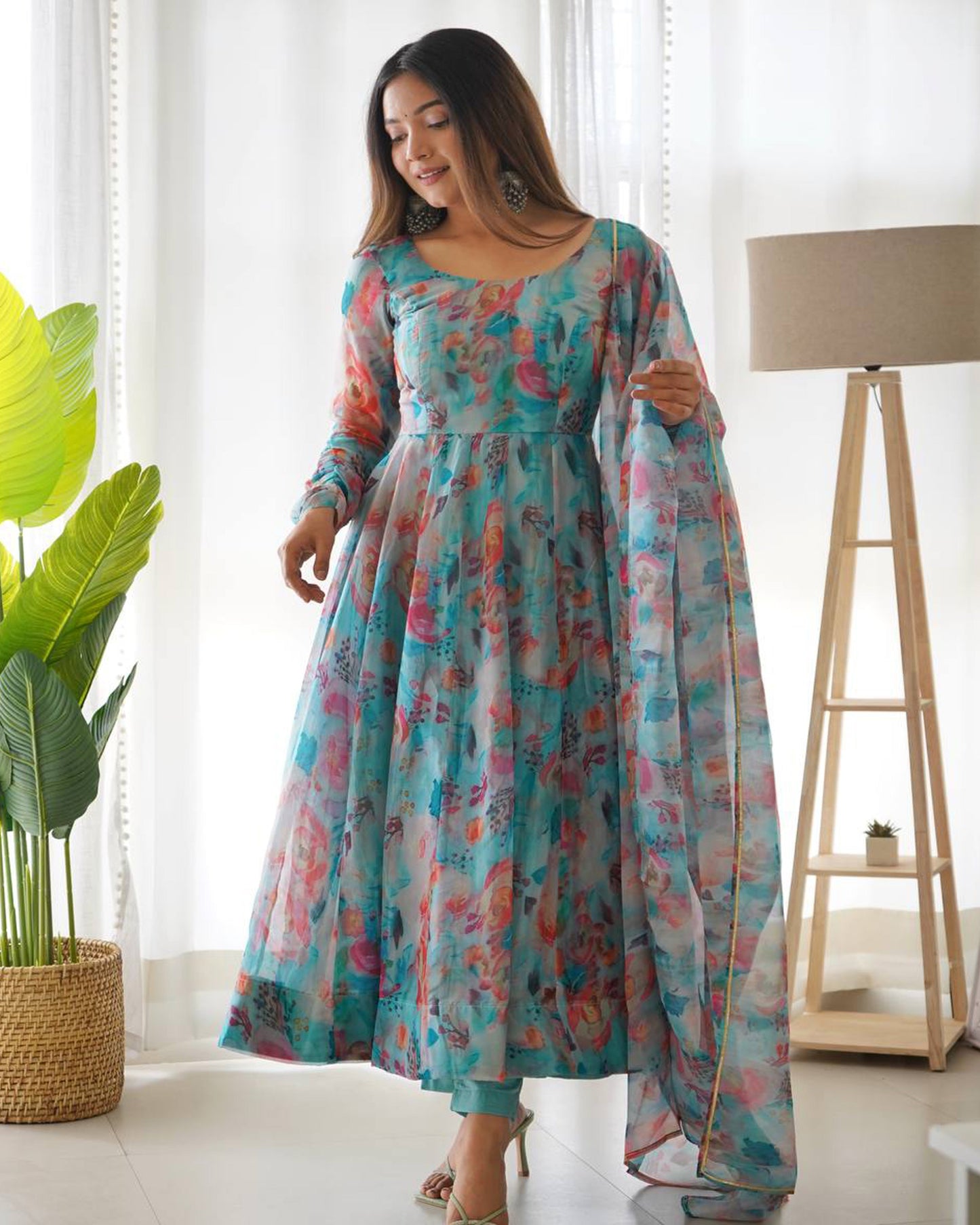 Sky Blue Multi Color Print Organza Three Piece Anarkali Suit
