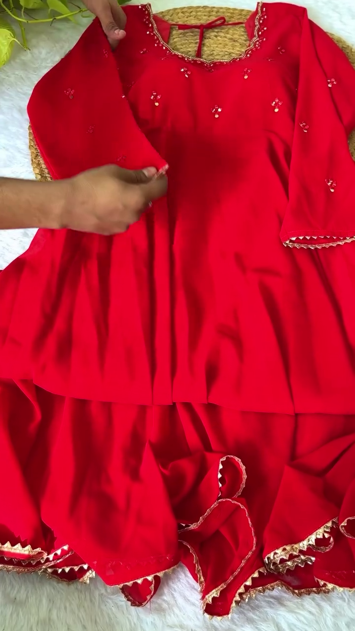 Red Embroidered Salwar Suit – Traditional Ethnic Wear with Intricate Mirror Work, Matching Dupatta & Bottom for Festive and Wedding Occasions