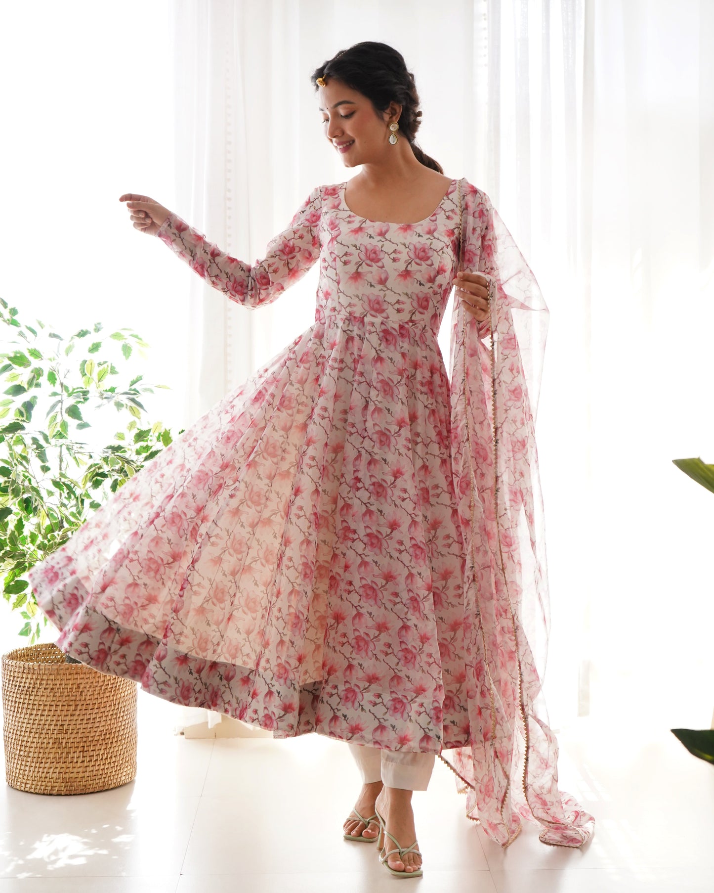 Floral Rose Print White Colour Organza Three Piece Anarkali Suit