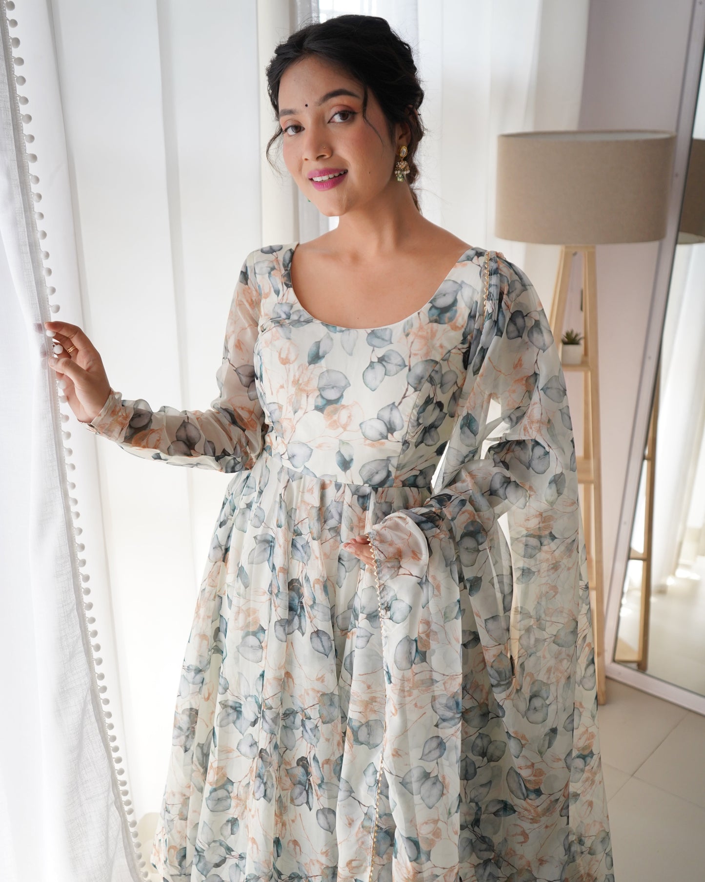 Paan Print White Colour Organza Three Piece Anarkali Suit