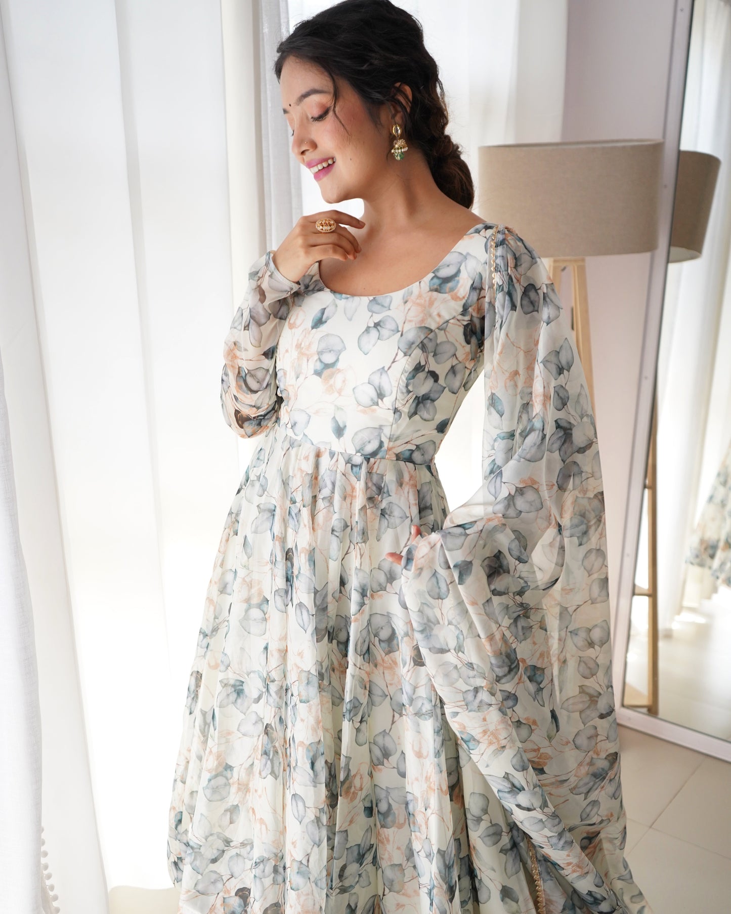 Paan Print White Colour Organza Three Piece Anarkali Suit