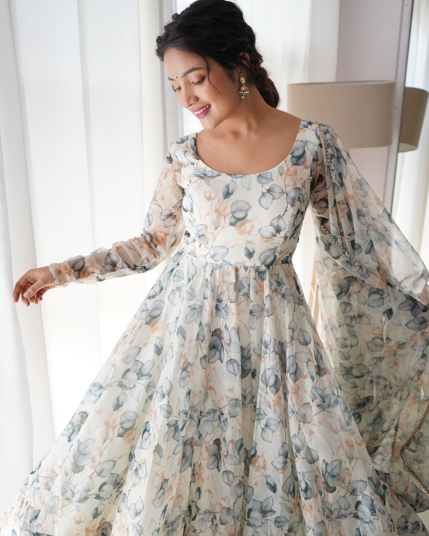 Paan Print White Colour Organza Three Piece Anarkali Suit