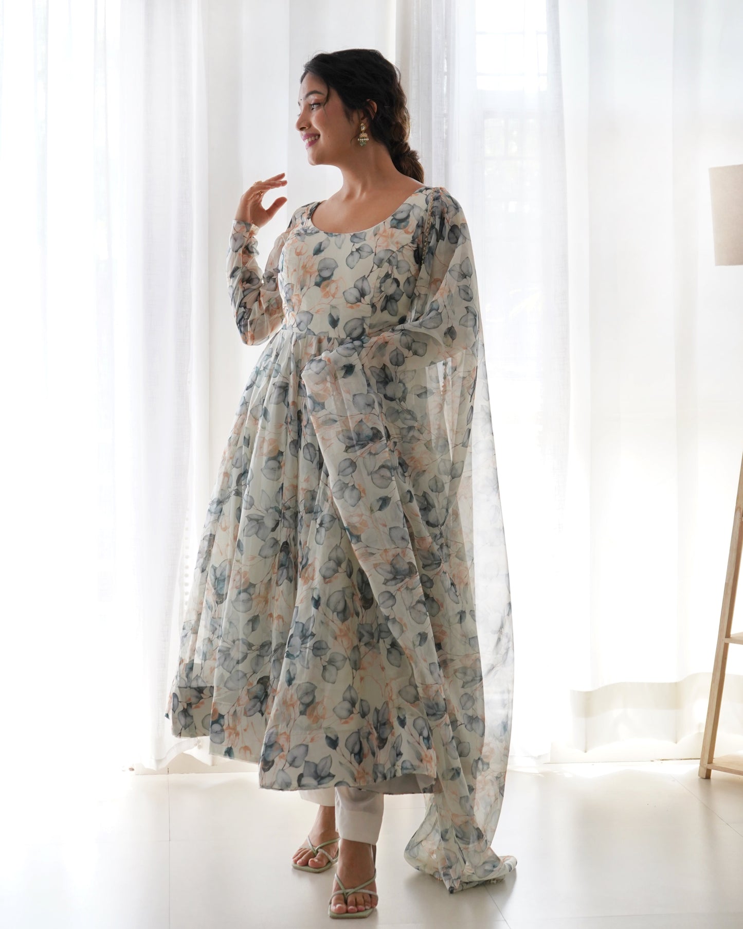 Paan Print White Colour Organza Three Piece Anarkali Suit