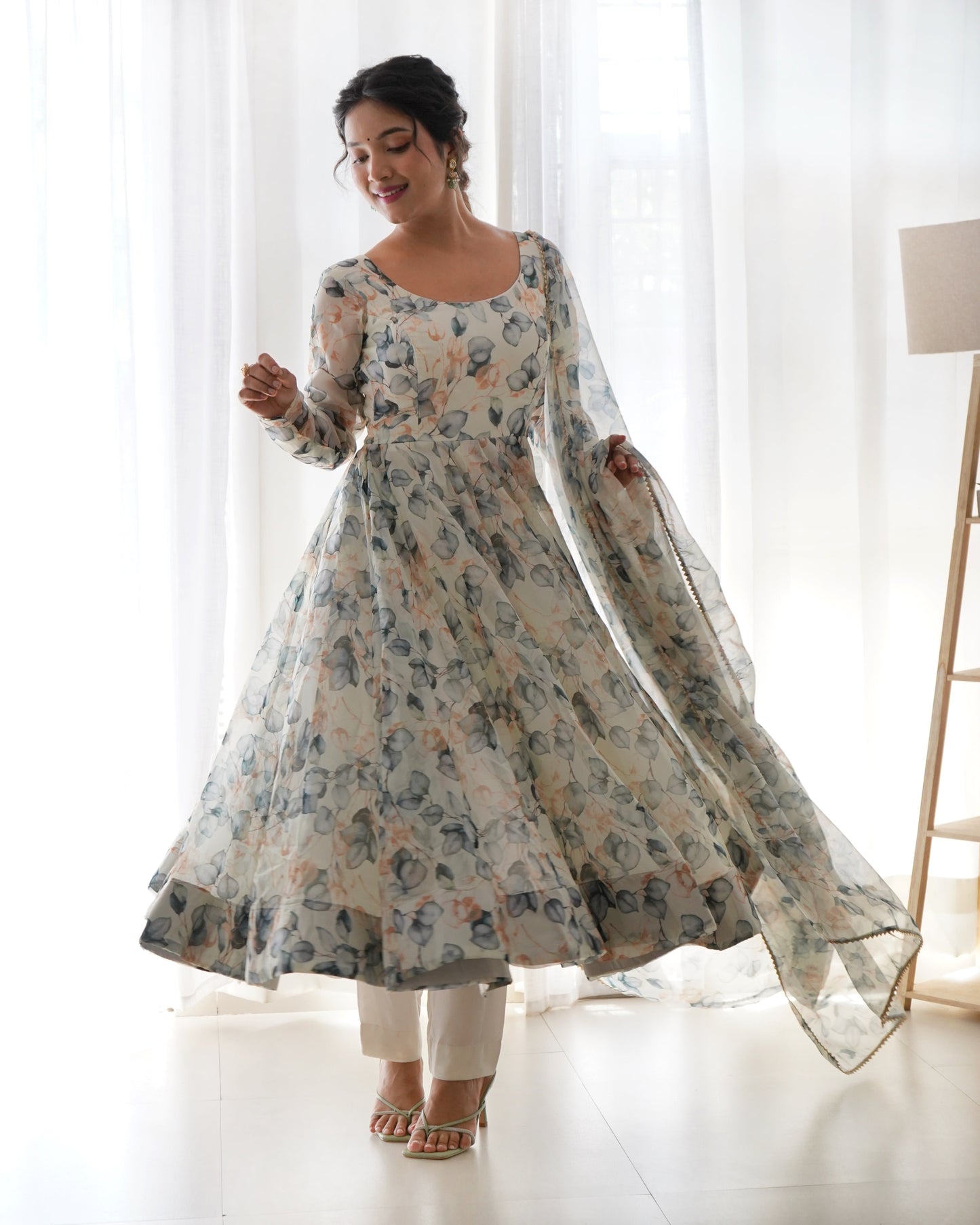 Paan Print White Colour Organza Three Piece Anarkali Suit