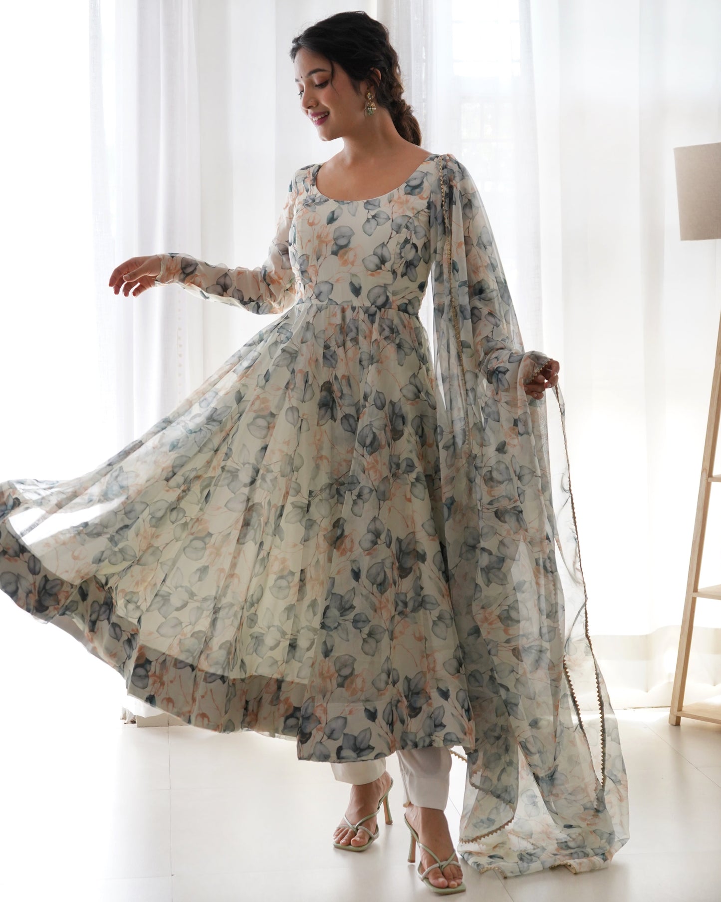 Paan Print White Colour Organza Three Piece Anarkali Suit