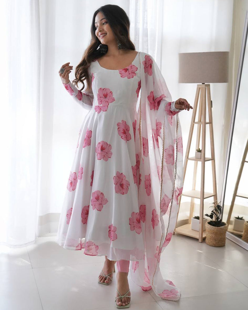 White Rose Colour Three Piece Organza Tebby Anarkali Suit